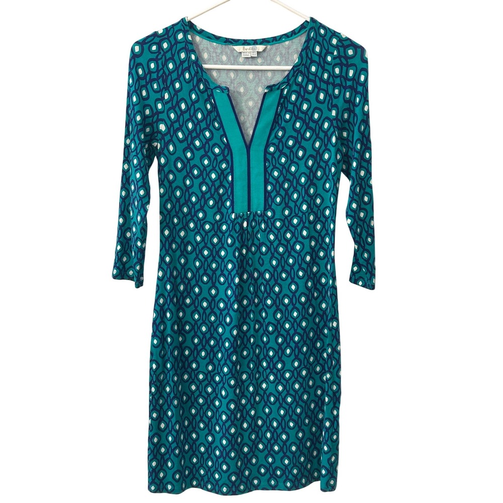 Boden Teal Geometric Print 3/4 Sleeve V-Neck Casual‎ Dress Size S